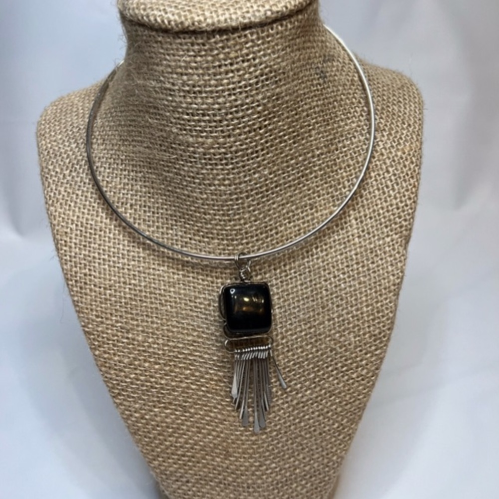 Black onyx and silver plated choker with slide charm